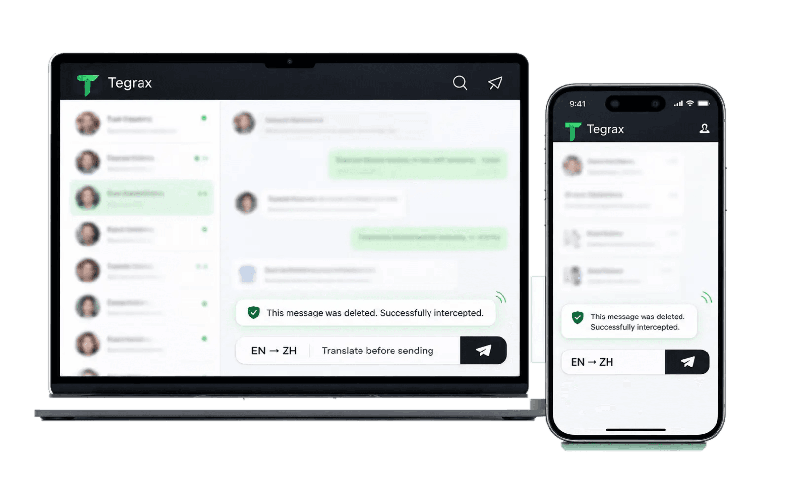 Tegrax anti-delete and translate-to-send interface preview